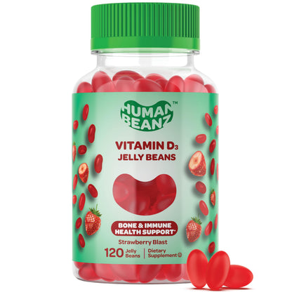 Human Beanz Vitamin D3 Jelly Bean Gummies for Adults – 2000 IU, Immunity Support, 120 Strawberry Blast, Kosher