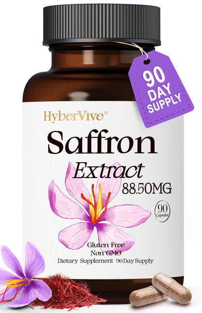 HyberVive Saffron Supplements 88.5MG | 90 Vegan Capsules | Mood Energy Focus Support | Made in USA