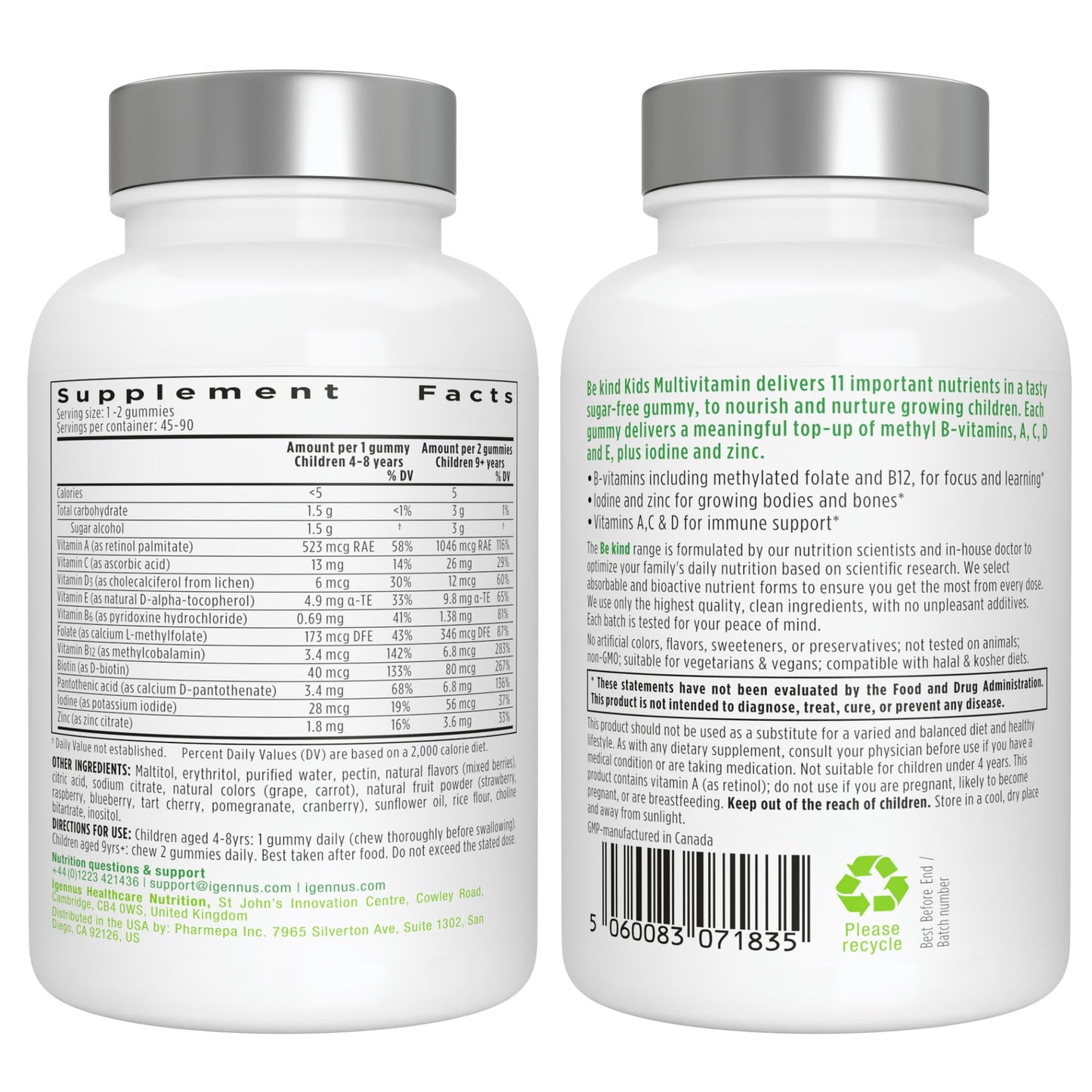 Igennus Methylated Kids Multivitamin Gummy – MTHFR Friendly, Sugar Free, 90 Gummies