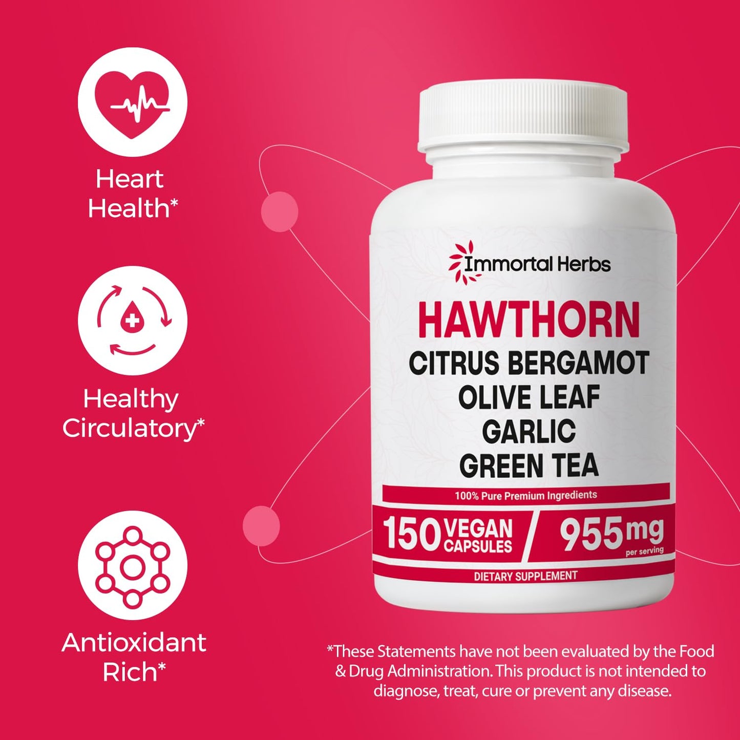 Immortal Herbs Hawthorn Berry Capsules – 6-in-1 Extract with Olive Leaf, Bergamot, Garlic, Green Tea & Black Pepper | 150 Vegan Pills | Non-GMO & Gluten-Free
