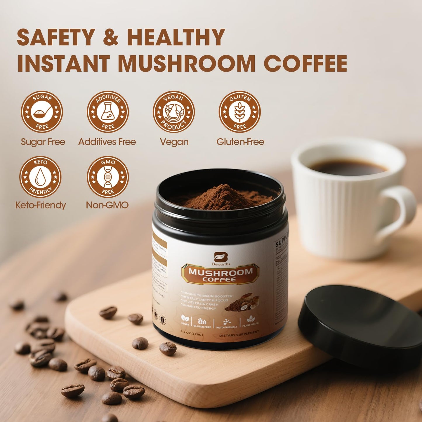 B BEWORTHS Mushroom Coffee with MCT Oil - 10-Mushroom Blend (Arabica) for Focus, Immunity, Gut & Brain Health | Vegan, Keto