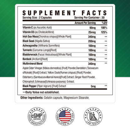 Irish Sea Moss Capsules with Black Seed Oil, Ashwagandha & Ginger – 16-in-1 Immune, Joint & Gut Support (60 Capsules)