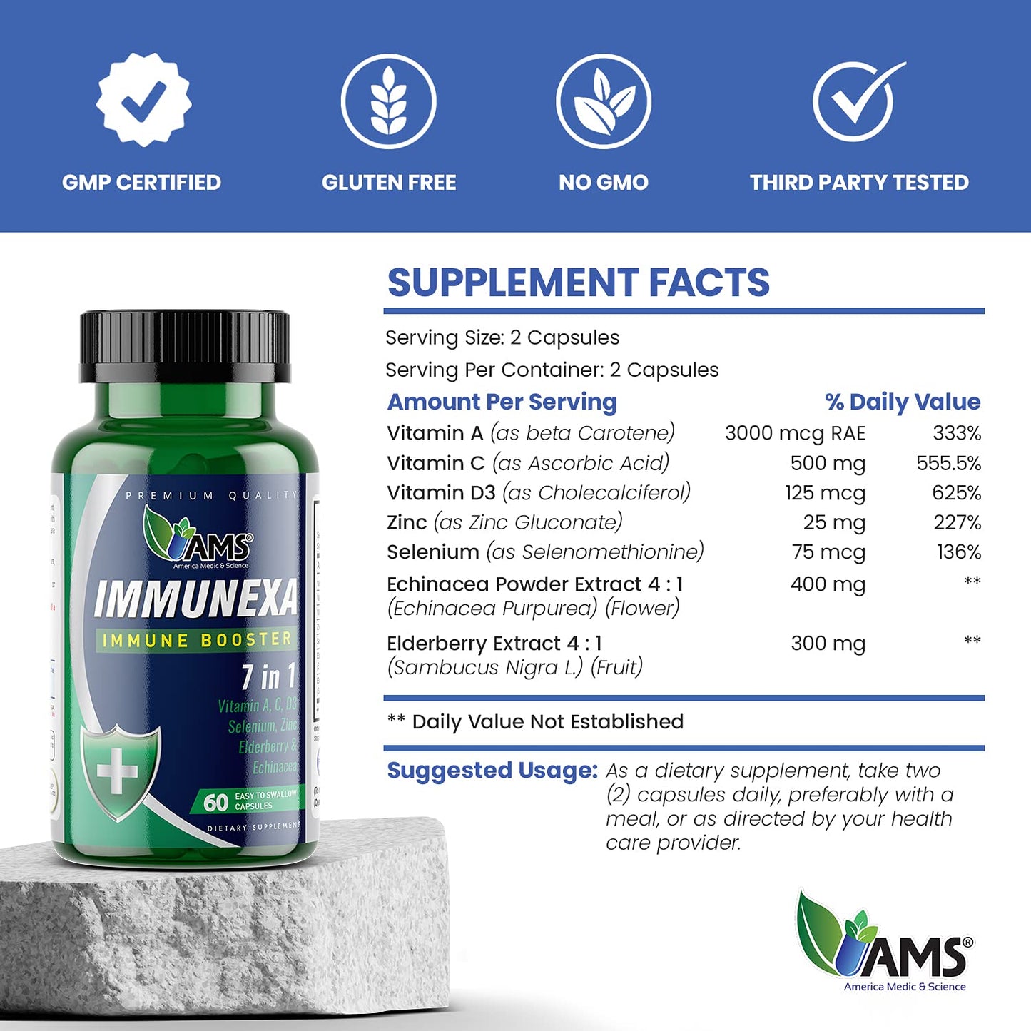 America Medic & Science Immunexa 7 in 1 Immune Support Booster (60 Capsules) – Vitamin A, C, D3, Zinc, Elderberry, Echinacea, Selenium | Gluten-Free, Non-GMO