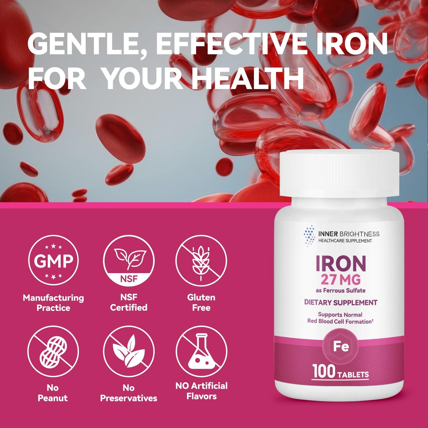 Inner Brightness Iron Supplement - 27 mg Iron for Women, 100 Tablets