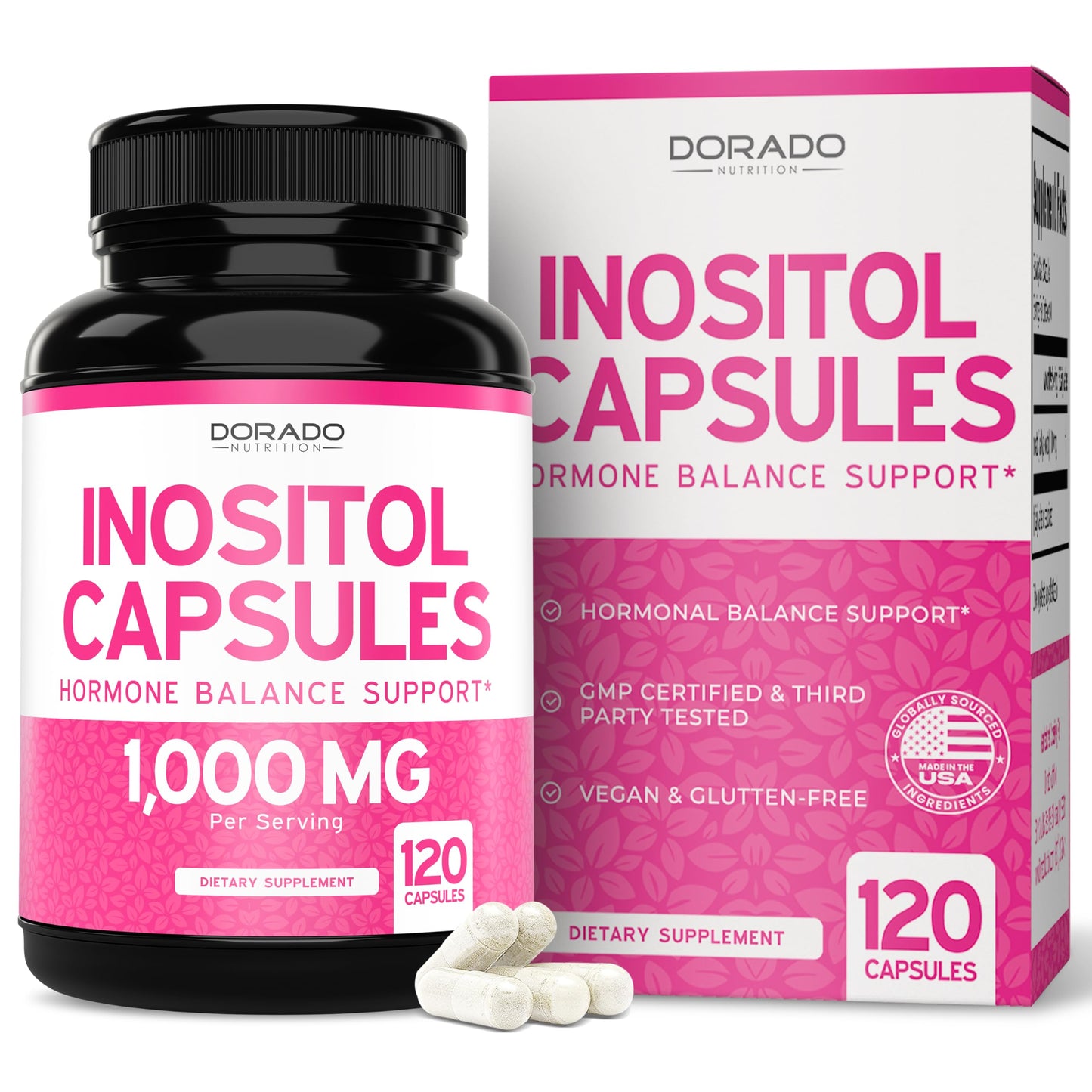 Myo-Inositol Capsules 1000mg Per Serving – Hormone Balance Support for Women, Vegan, Gluten Free, Made in USA (120 Count)