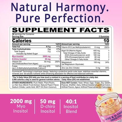 Myo-Inositol & D-Chiro Inositol Gummies for Hormone Balance – Sugar Free, 40:1 Ratio, Vegan, Ovarian Health (60 Cts)