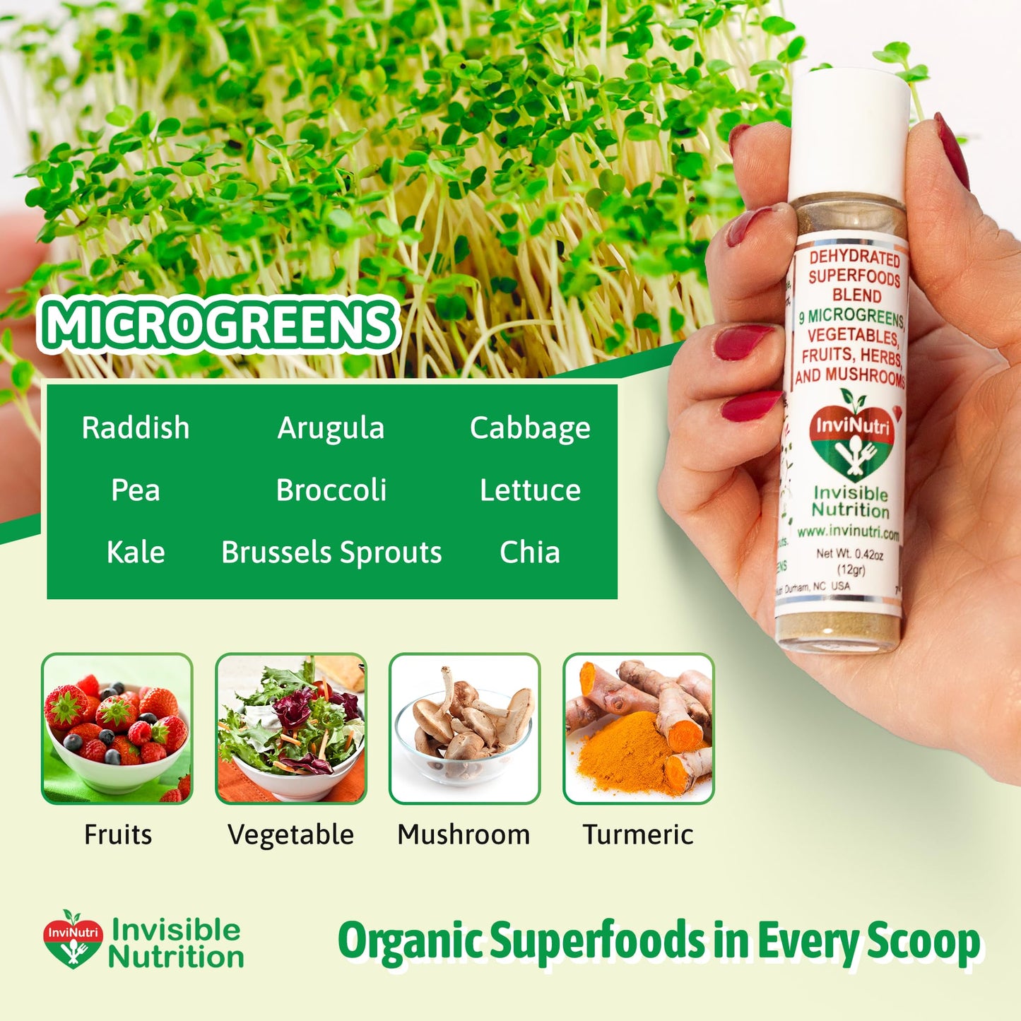InviNutri Microgreens – Real-Food Multivitamin Powder for Neurodivergent & Picky Eaters | 40x Micronutrients, 30mg Sulforaphane | US Made | Trial Size