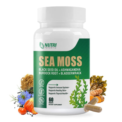 Irish Sea Moss Capsules with Black Seed Oil, Ashwagandha & Ginger – 16-in-1 Immune, Joint & Gut Support (60 Capsules)