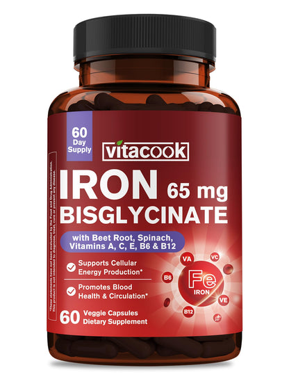 65mg Ferrous Bisglycinate Iron Supplement – Slow Release (60 Caps)