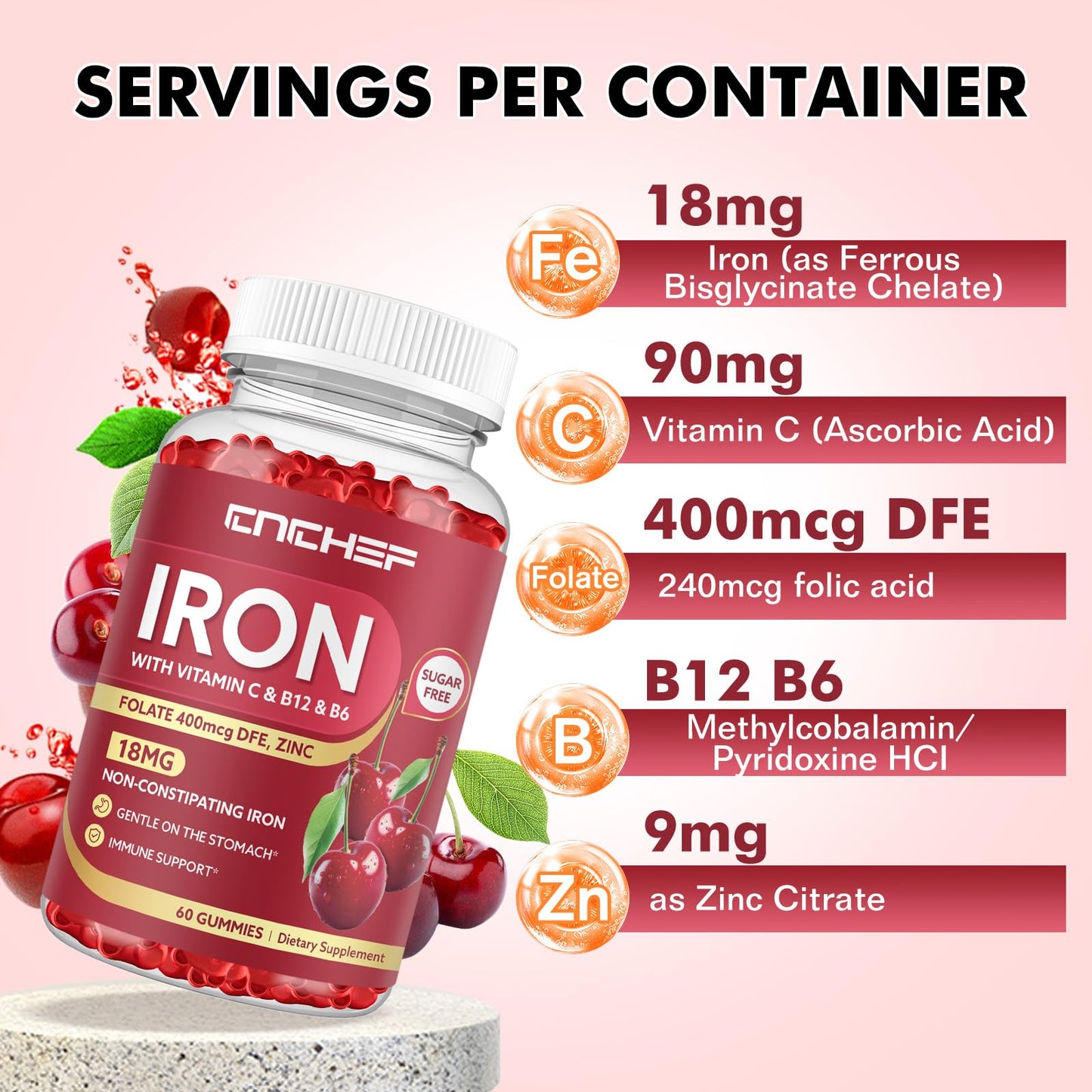 Iron Gummies for Adults & Kids – Cherry Flavor, Ferrous Bisglycinate