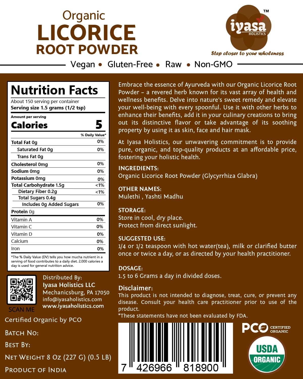 Iyasa Holistics Organic Licorice Root Powder – 8 oz / 227 g | Mulethi, Glycyrrhiza glabra, Natural Expectorant & Candy Flavoring