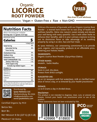 Iyasa Holistics Organic Licorice Root Powder – 8 oz / 227 g | Mulethi, Glycyrrhiza glabra, Natural Expectorant & Candy Flavoring