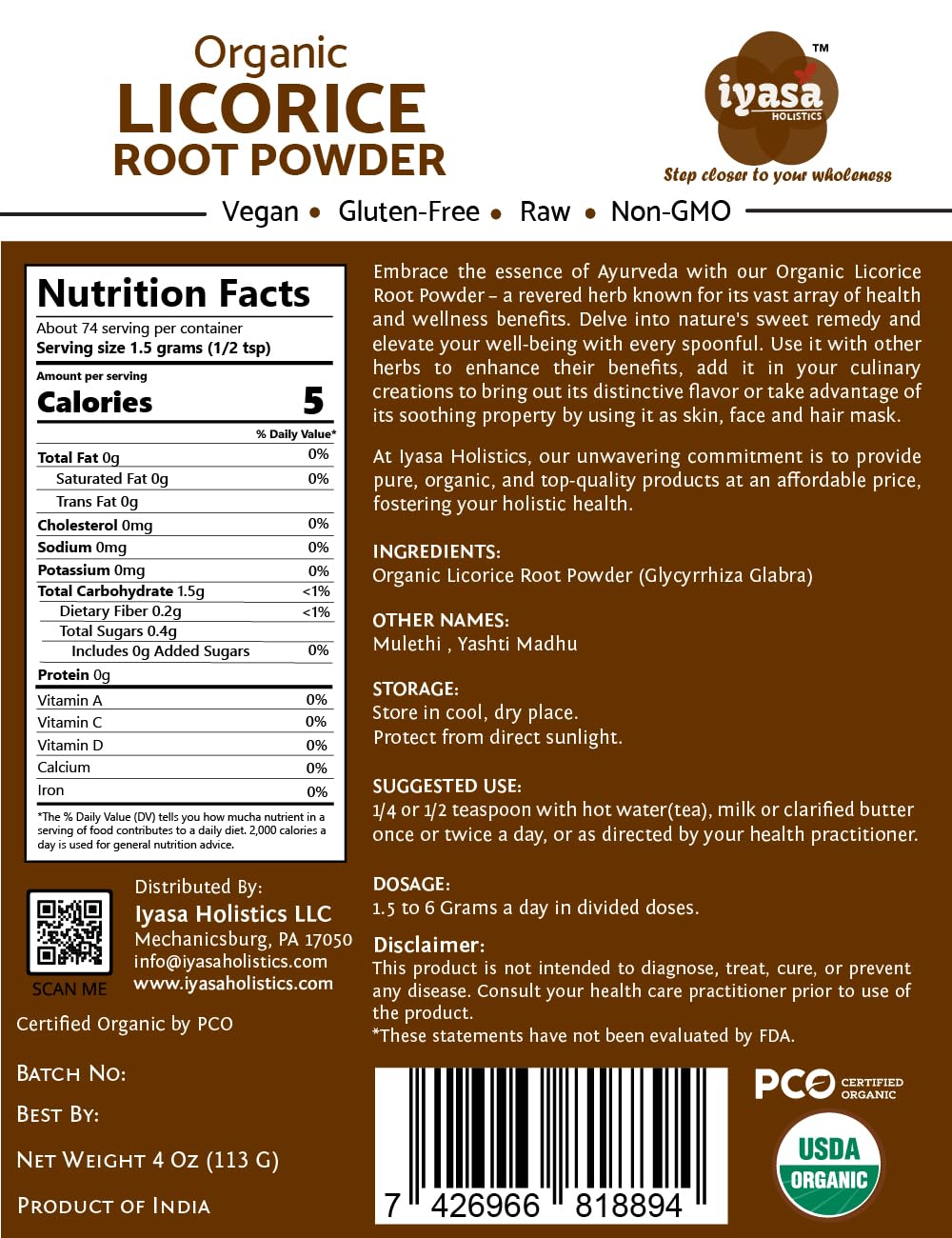 Iyasa Holistics Organic Licorice Root Powder – Mulethi (Glycyrrhiza glabra) 4 oz