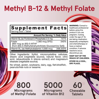 Jarrow Formulas Ultra Strength Methyl B-12 5000 mcg & Methyl Folate 800 mcg + P-5-P – 60 Chewables (60-Day Supply)