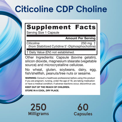 Jarrow Formulas Citicoline CDP Choline 250 mg – Brain Health & Focus (60 Capsules, 12-Pack)