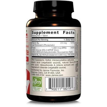 Jarrow Formulas Ultra Strength Methyl B-12 5000 mcg & Methyl Folate 800 mcg + P-5-P – 60 Chewables (60-Day Supply)