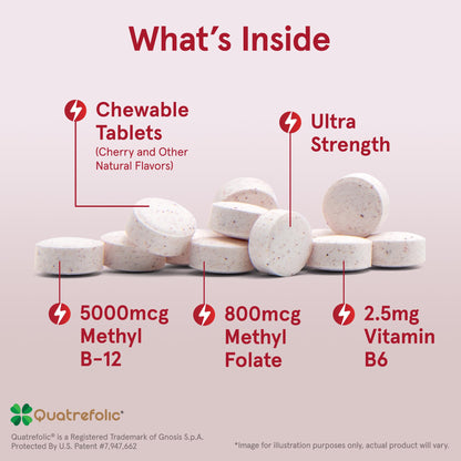 Jarrow Formulas Ultra Strength Methyl B-12 5000 mcg & Methyl Folate 800 mcg + P-5-P – 60 Chewables (60-Day Supply)