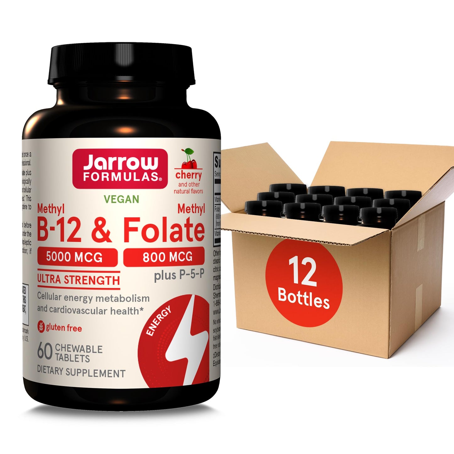 Jarrow Formulas Ultra Strength Methyl B-12 5000 mcg & Methyl Folate 800 mcg + P-5-P – 60 Chewables (60-Day Supply)