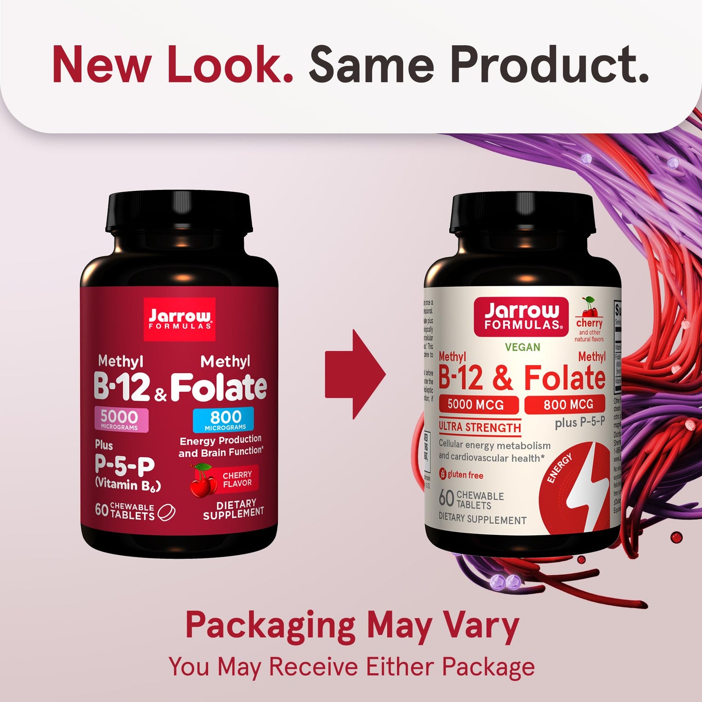 Jarrow Formulas Ultra Strength Methyl B-12 5000 mcg & Methyl Folate 800 mcg + P-5-P – 60 Chewables (60-Day Supply)