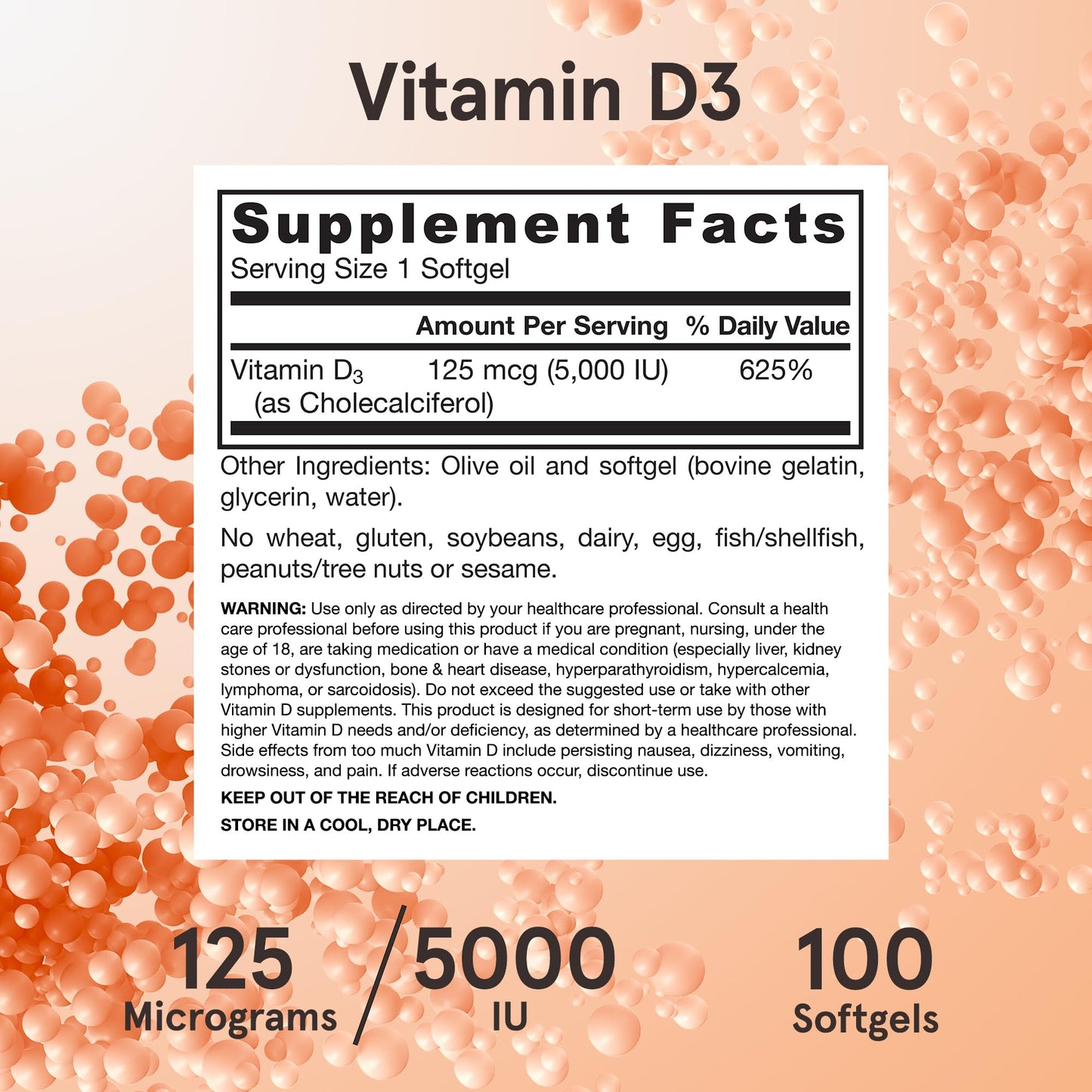 Jarrow Formulas Vitamin D3 5000 IU (125 mcg) – 100 Servings Softgels | Immune & Bone Support | Gluten Free
