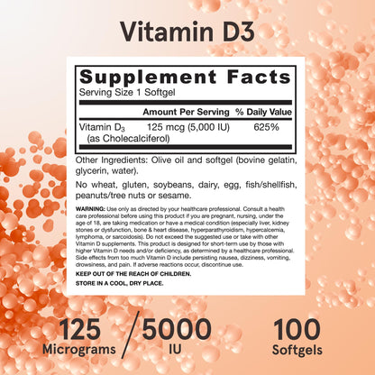 Jarrow Formulas Vitamin D3 5000 IU (125 mcg) – 100 Servings Softgels | Immune & Bone Support | Gluten Free