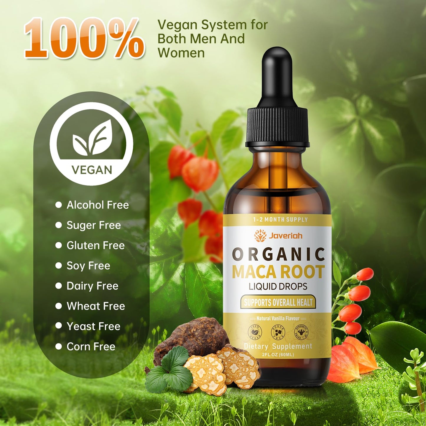 Javeriah Organic Maca Root Drops with Ashwagandha – 2oz Tincture for Women & Men