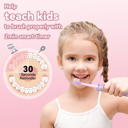JTF Kids Electric Toothbrush Pink – Sonic Toothbrush for Girls, 5 Modes, IPX7, 2-Min Timer, DIY Sticker Set