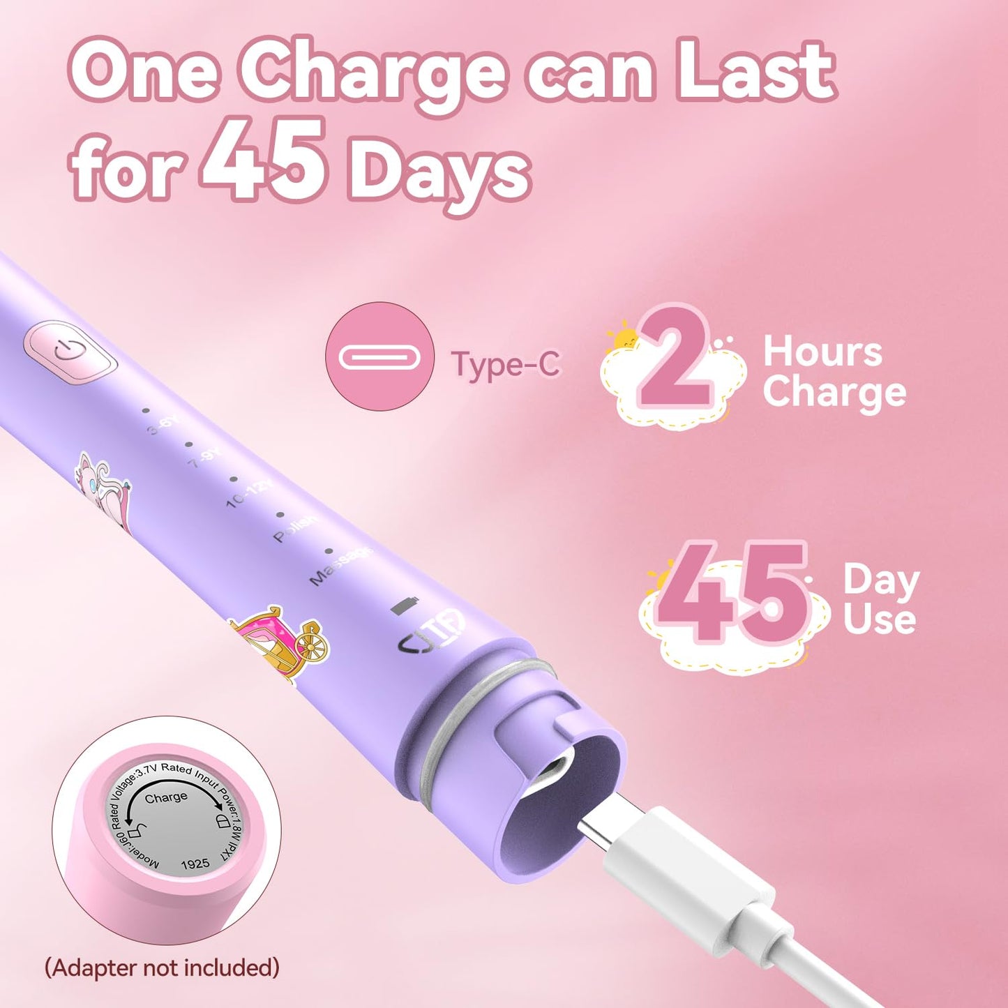 JTF Kids Electric Toothbrush Pink – Sonic Toothbrush for Girls, 5 Modes, IPX7, 2-Min Timer, DIY Sticker Set