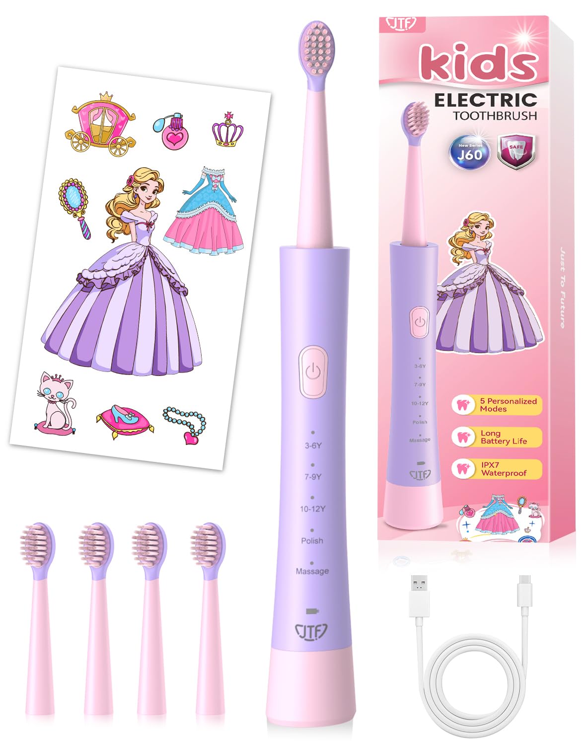 JTF Kids Electric Toothbrush Pink – Sonic Toothbrush for Girls, 5 Modes, IPX7, 2-Min Timer, DIY Sticker Set