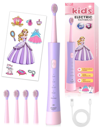 JTF Kids Electric Toothbrush Pink – Sonic Toothbrush for Girls, 5 Modes, IPX7, 2-Min Timer, DIY Sticker Set