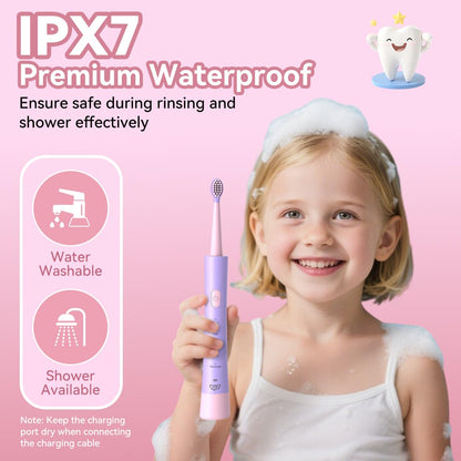 JTF Kids Electric Toothbrush Pink – Sonic Toothbrush for Girls, 5 Modes, IPX7, 2-Min Timer, DIY Sticker Set