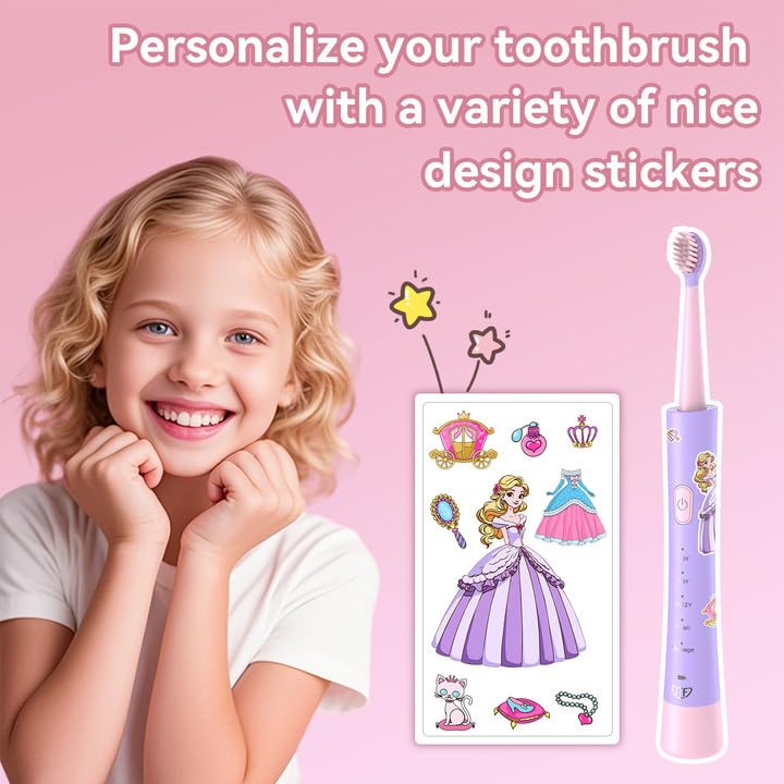 JTF Kids Electric Toothbrush Pink – Sonic Toothbrush for Girls, 5 Modes, IPX7, 2-Min Timer, DIY Sticker Set