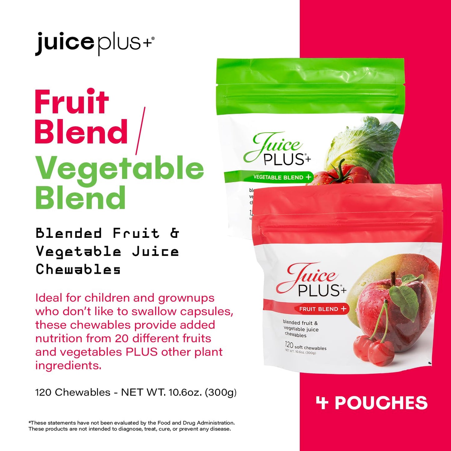 Juice Plus+ Fruit & Vegetable Blend Soft Chews – Vegan Gummies for Adults & Kids | 4 Packs