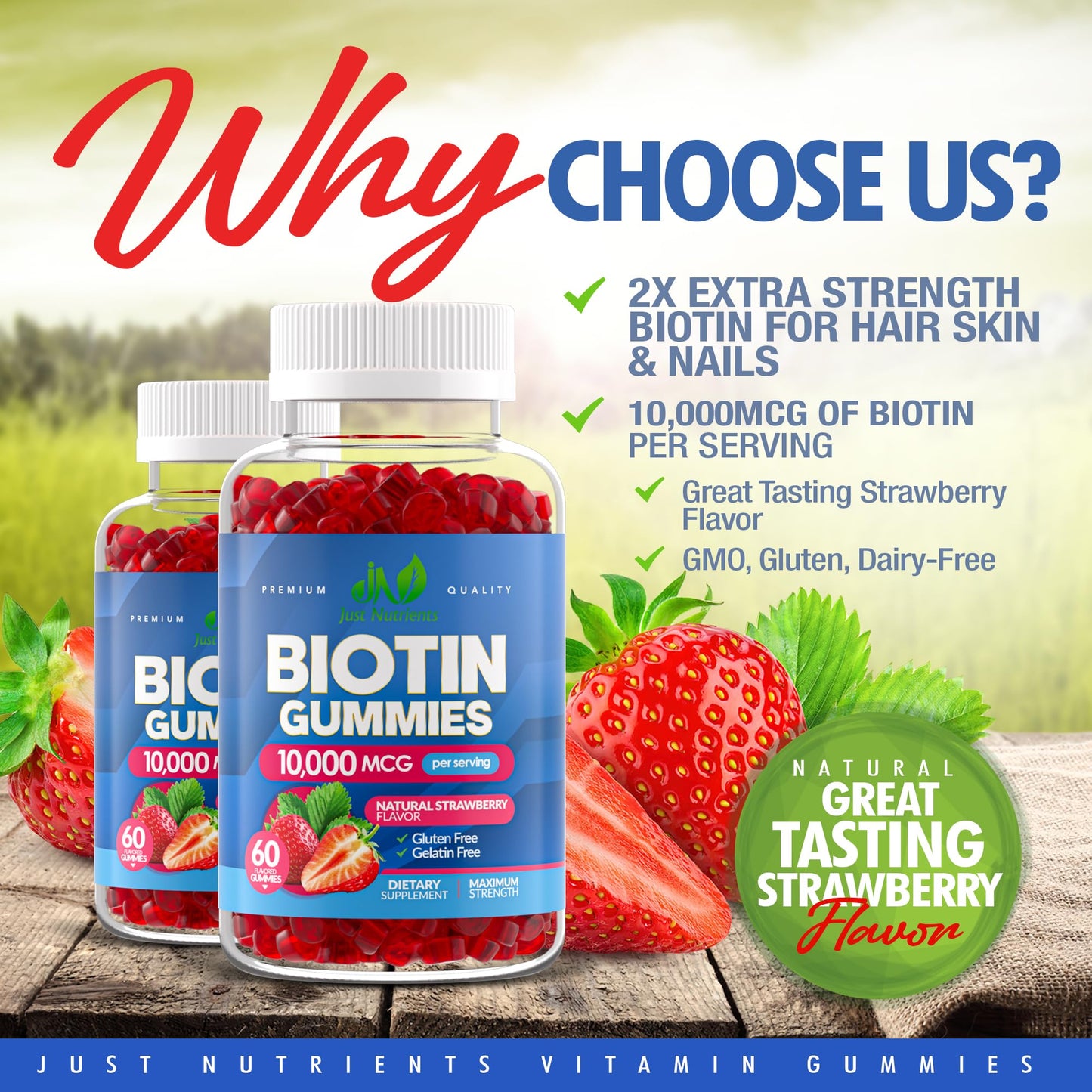 Just Nutrients Biotin 10,000mcg Gummies – Hair, Skin & Nails (60 Gummies) – Vegan & Gluten-Free