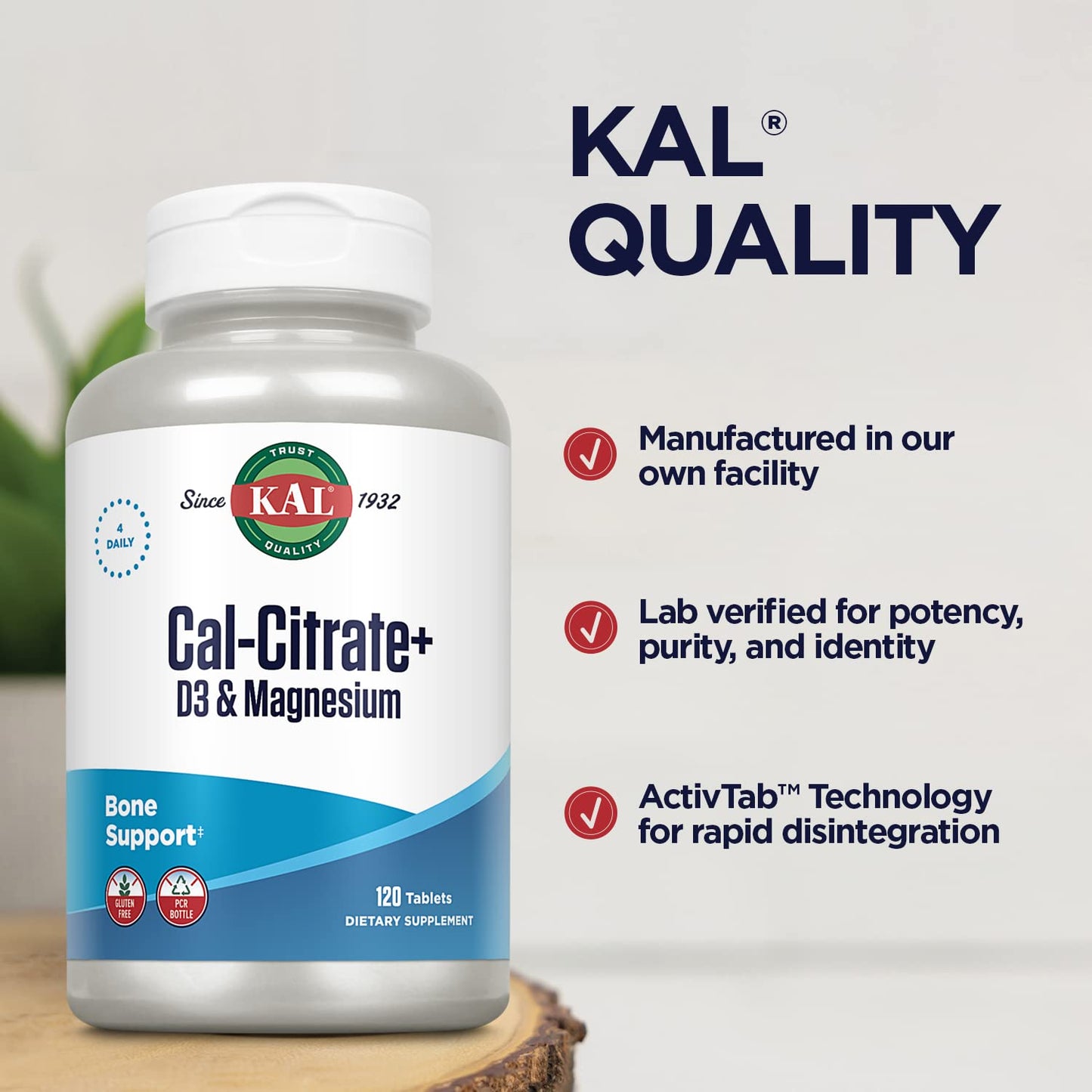 KAL Cal-Citrate+ Calcium Citrate + Vitamin D-3 & Magnesium | 120 Tablets (30 Servings) | Gluten Free