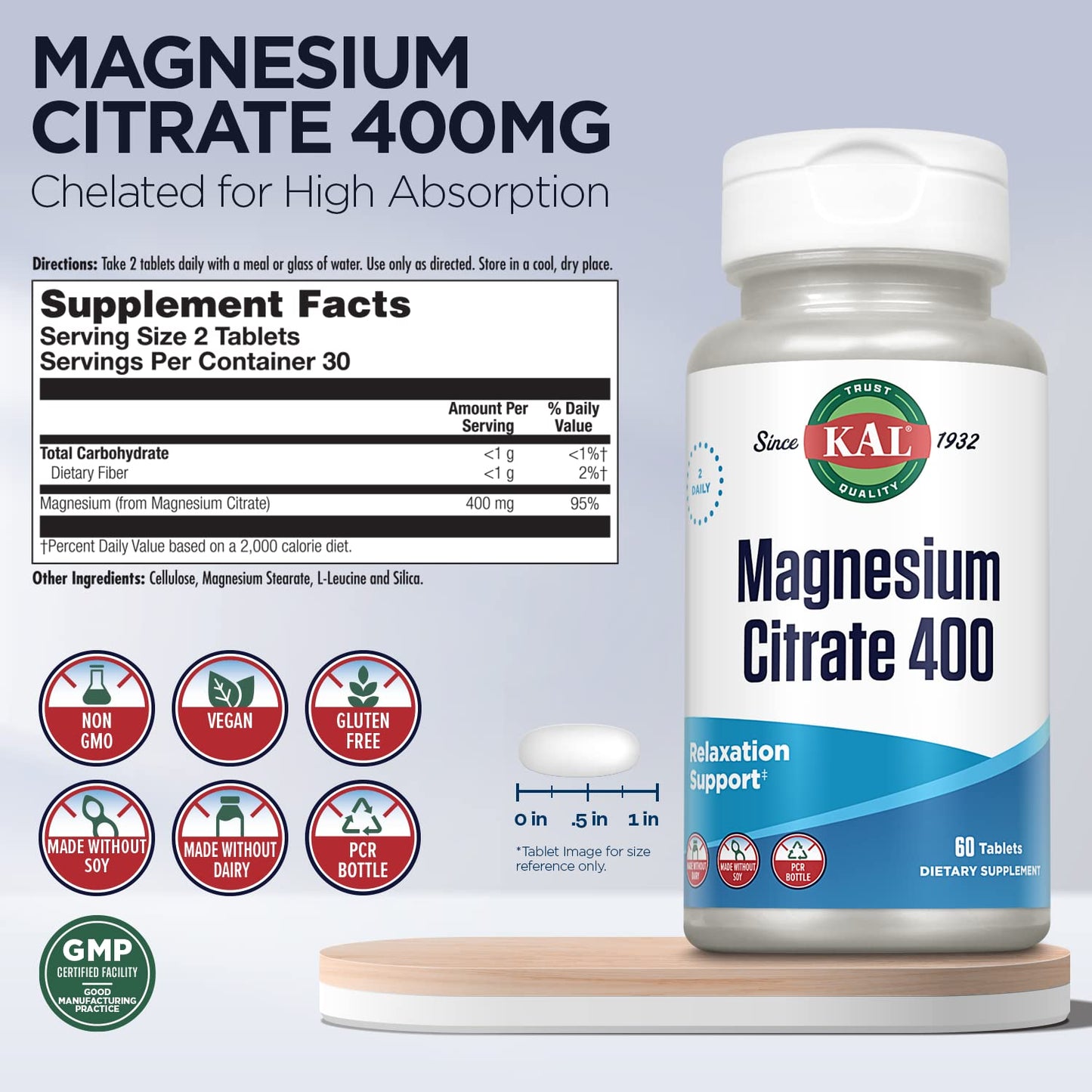 KAL Magnesium Citrate 400mg – Fast-Acting ActivTabs, Vegan & Gluten Free