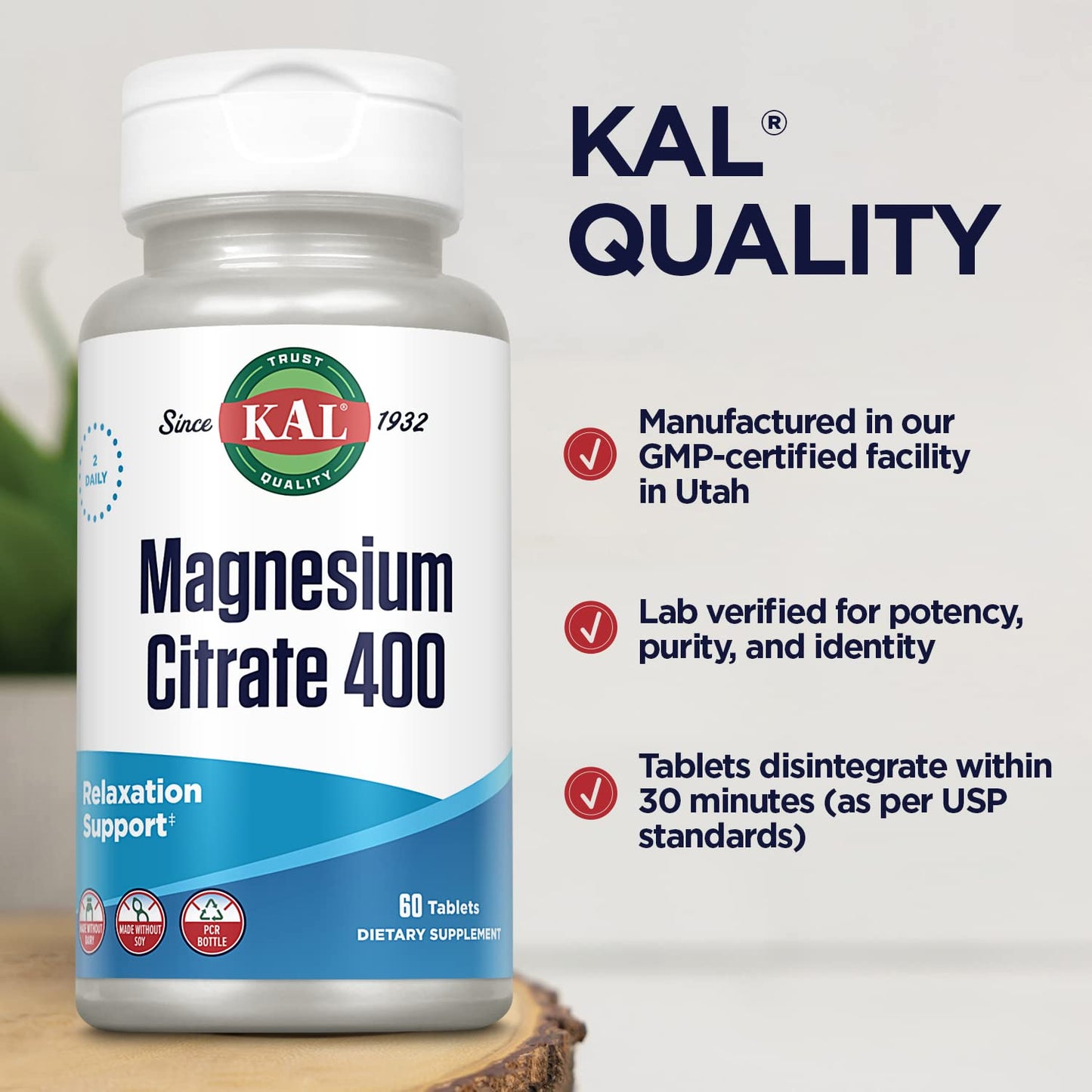 KAL Magnesium Citrate 400mg – Fast-Acting ActivTabs, Vegan & Gluten Free