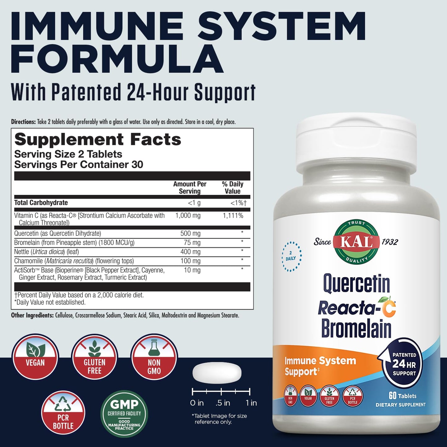 KAL Quercetin Reacta-C Bromelain Immune Support – 60 Tablets, 30 Servings, Vegan, Gluten Free