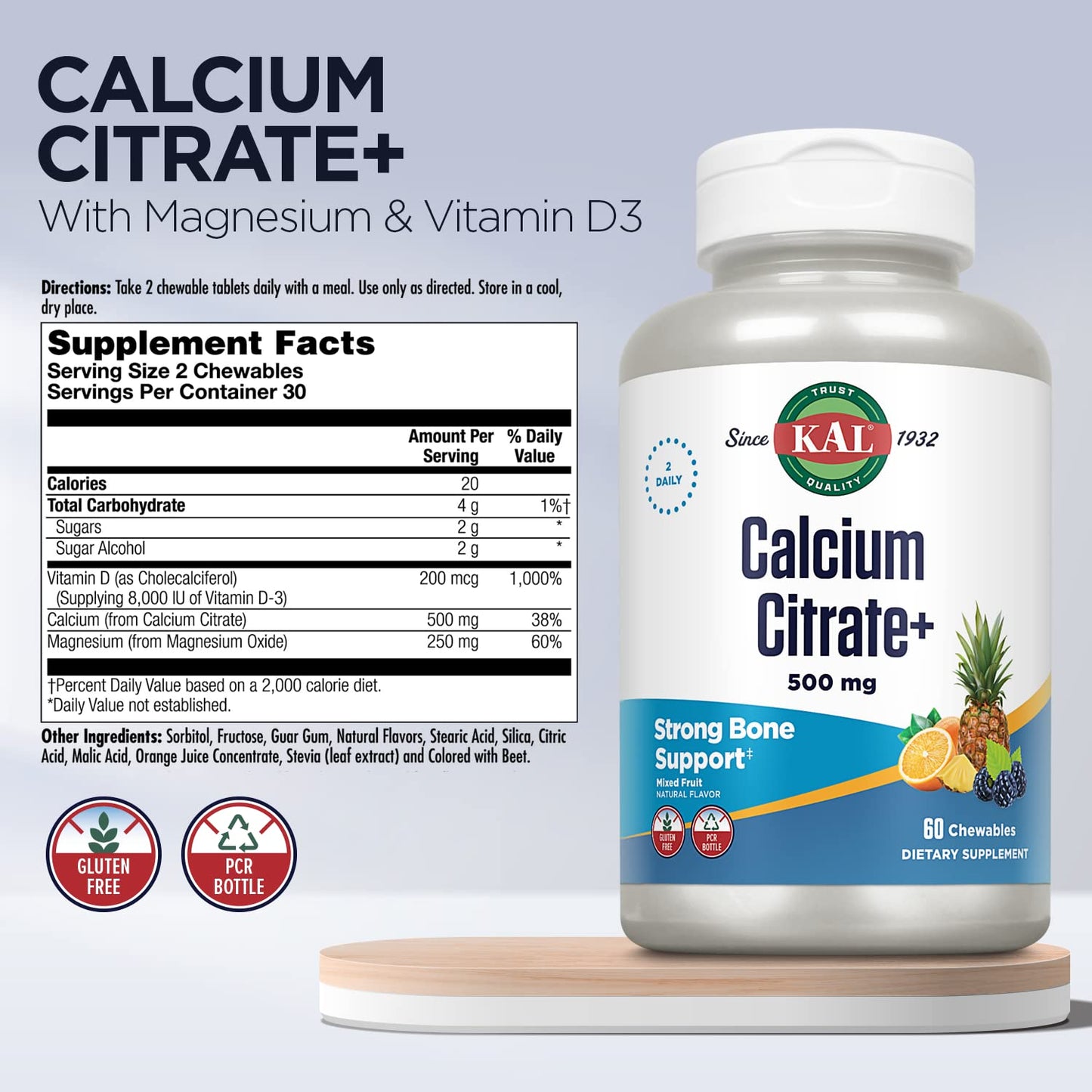 KAL Calcium Citrate + Magnesium Chewables with Vitamin D3, 60 Count