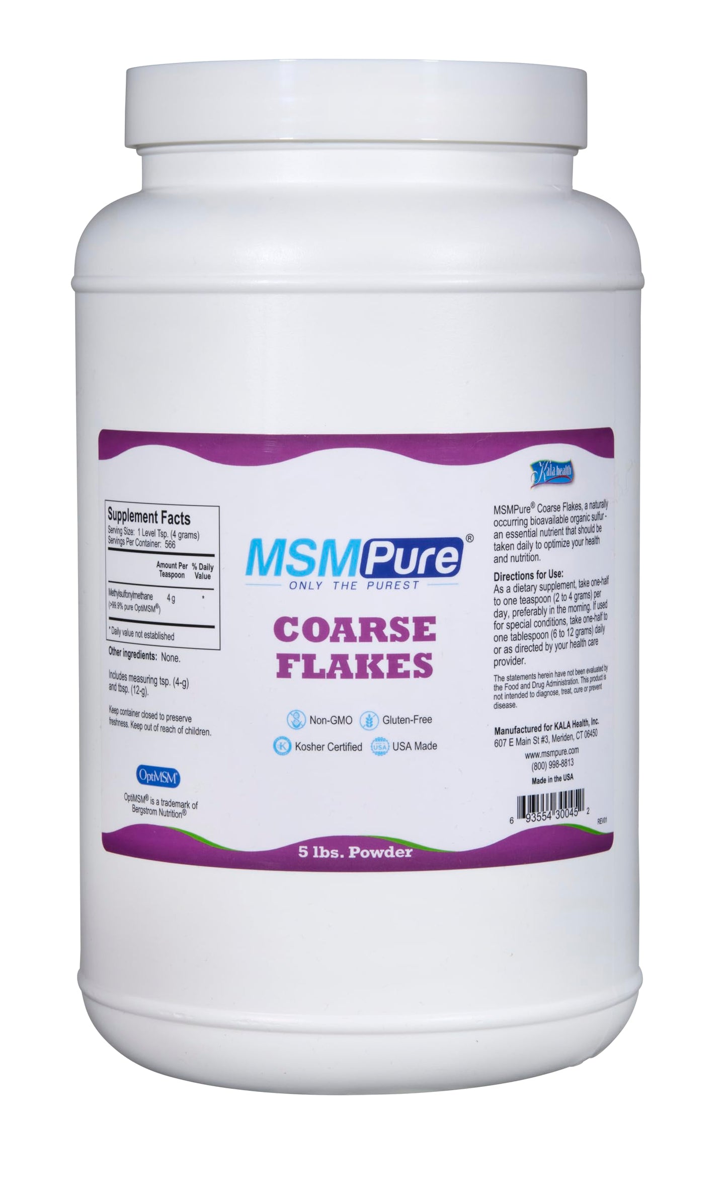 KALA HEALTH MSMPure Coarse MSM Powder Flakes – US-Made MSM for Joints, Skin, Hair & Nails – 5 lb