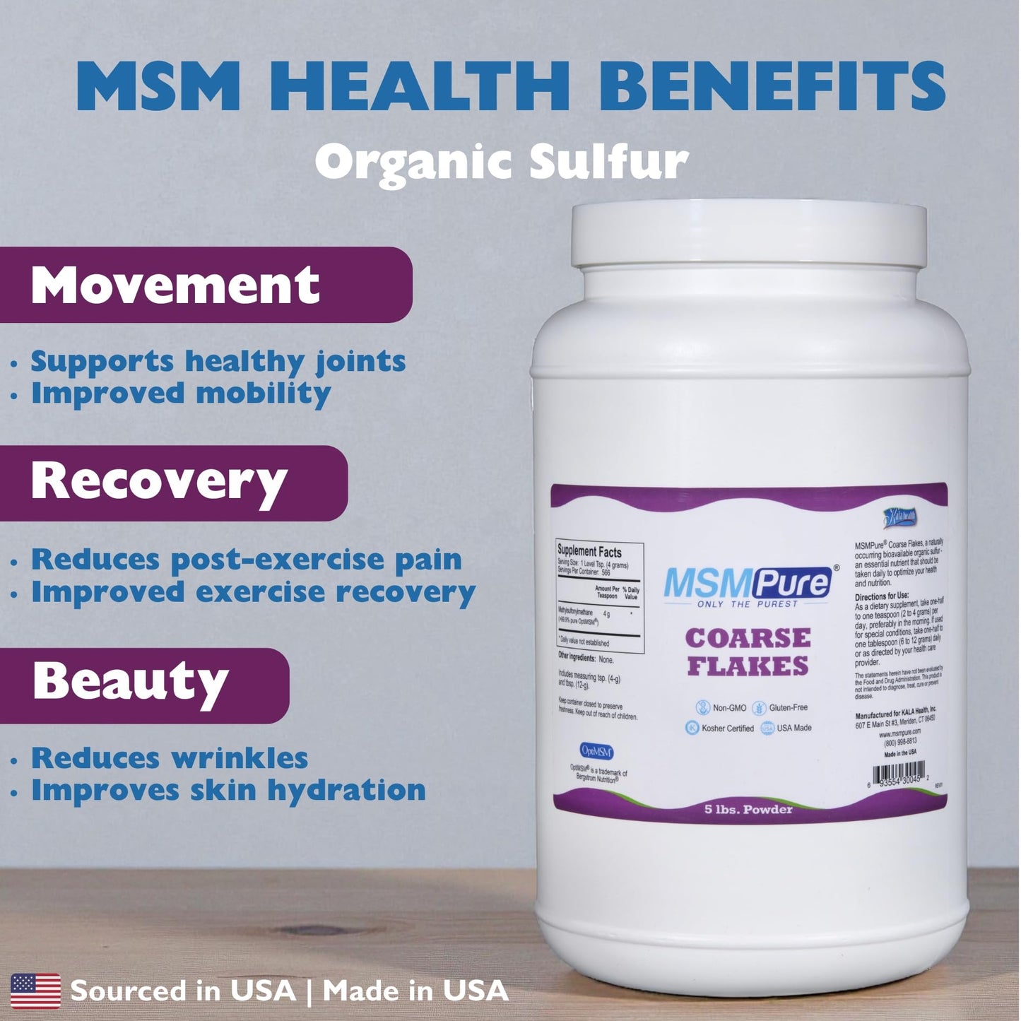 KALA HEALTH MSMPure Coarse MSM Powder Flakes – US-Made MSM for Joints, Skin, Hair & Nails – 5 lb