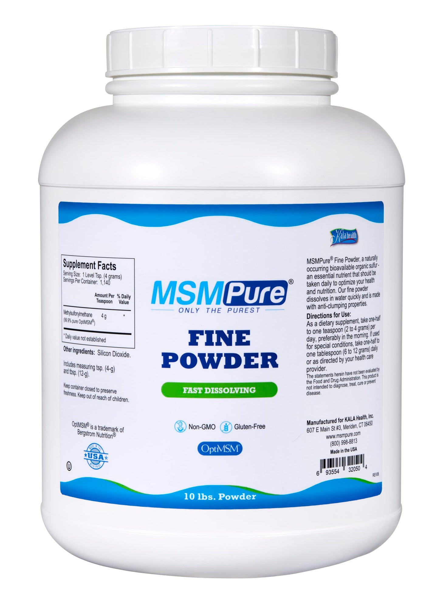 KALA HEALTH MSMPure Fast Dissolving MSM Powder – USA-Made Organic Sulfur for Joints, Skin, Hair & Nails – 10 lb