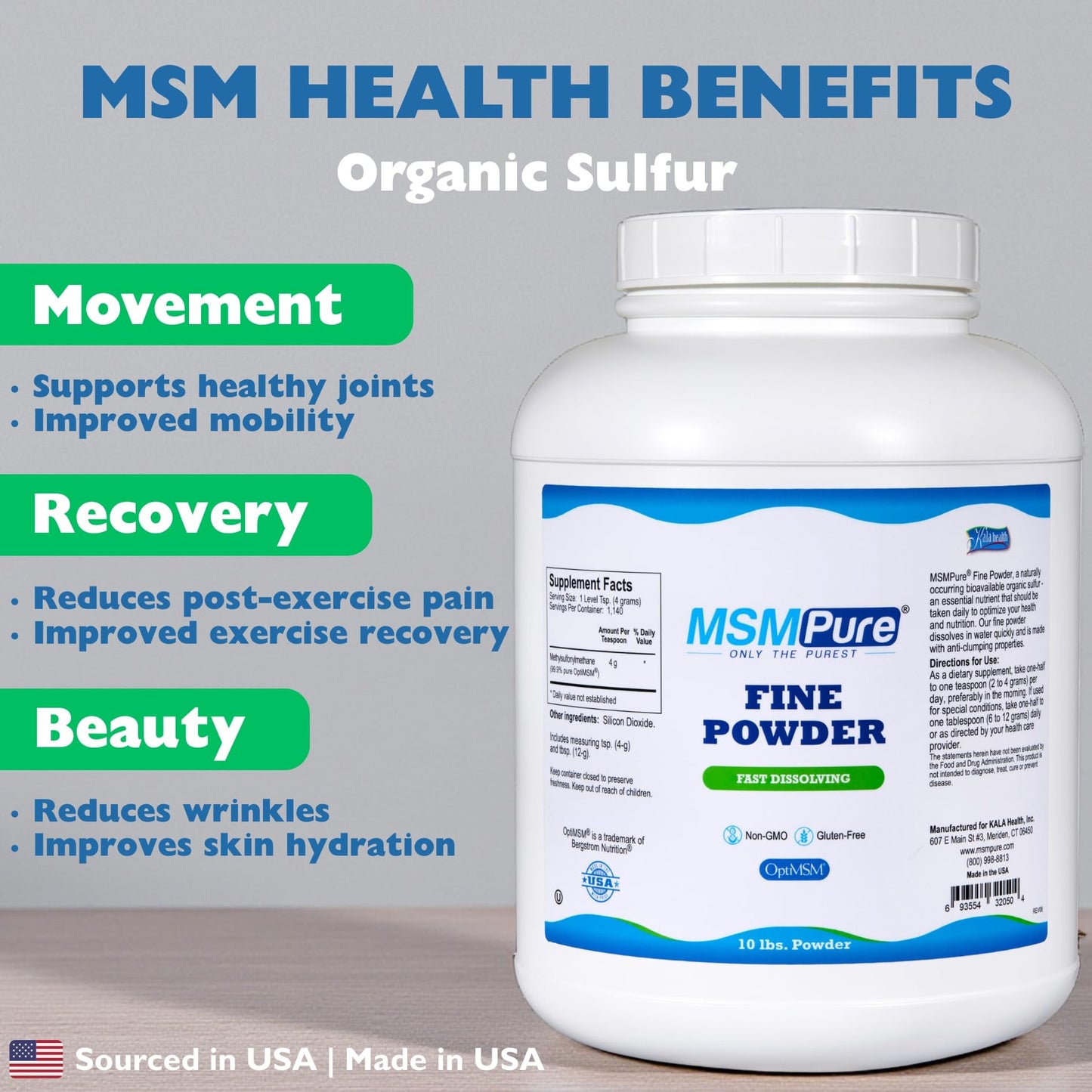 KALA HEALTH MSMPure Fast Dissolving MSM Powder – USA-Made Organic Sulfur for Joints, Skin, Hair & Nails – 10 lb
