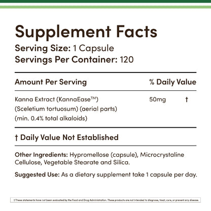 Kanna Extract Supplement 50mg (120 Capsules) - Relaxation & Peace of Mind | Non-GMO, Gluten Free, Vegan Safe | Double Wood