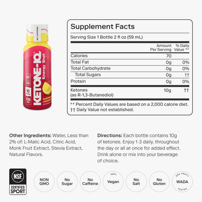 Ketone-IQ No Caffeine Exogenous Ketones Energy Shots – 24 Pack Raspberry Lemonade, Sugar Free & Caffeine Free