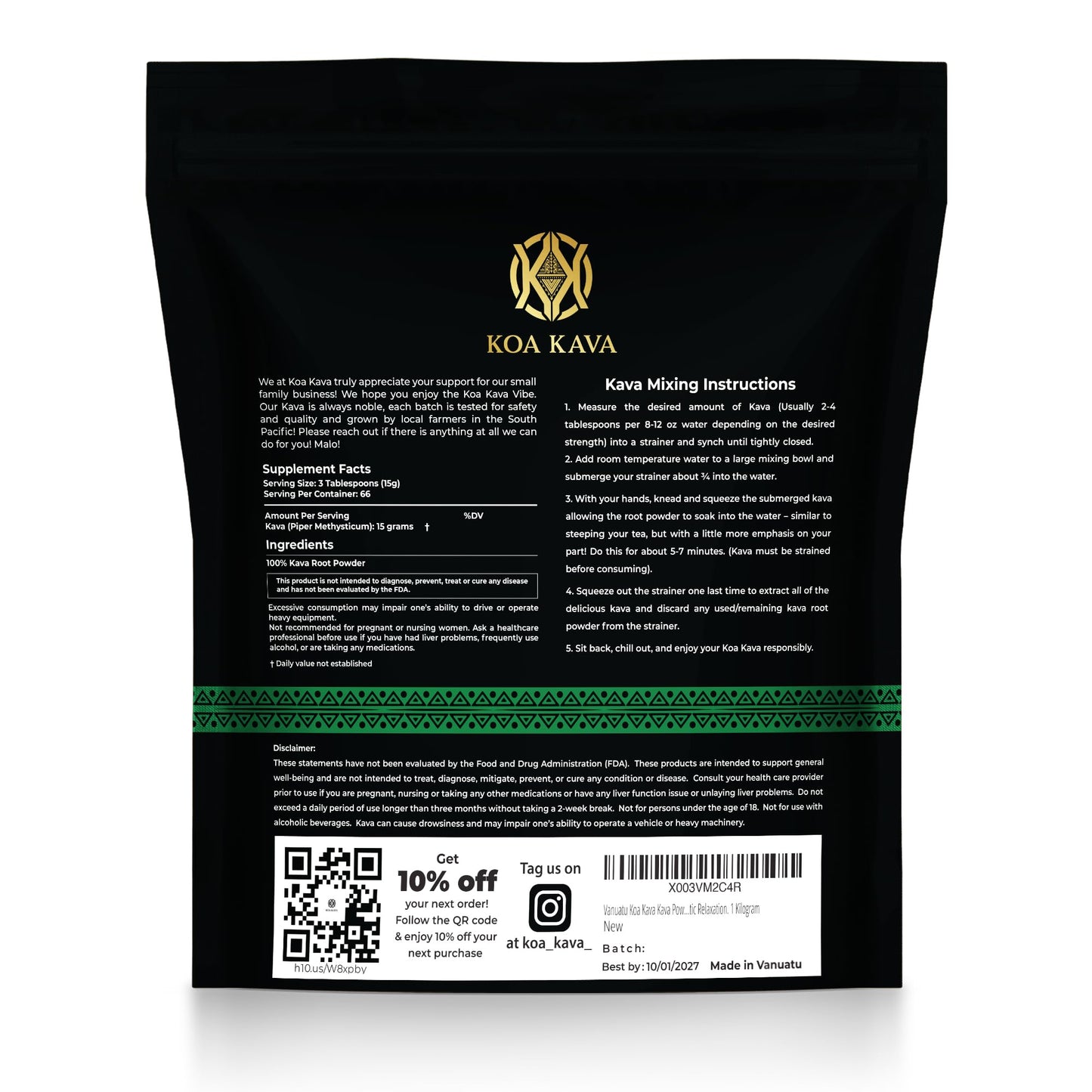 Koa Kava Vanuatu Kava Powder – 1kg Premium Noble Waka from Lateral Roots