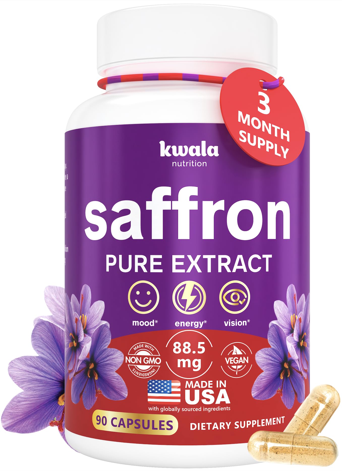 Kwala Nutrition Saffron Supplement - Mood & Energy, 88.5mg, 90 Capsules