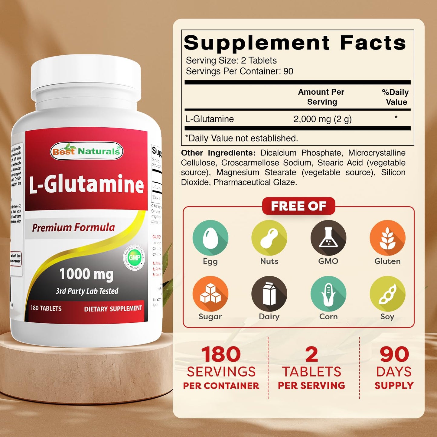 Best Naturals L-Glutamine 1000mg – 180 Count (Non-GMO) Tablets