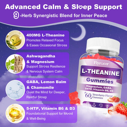 Sugar Free L-Theanine Gummies – 400mg (Ashwagandha, Magnesium, 5-HTP & GABA) – Vegan Strawberry | 60 Count