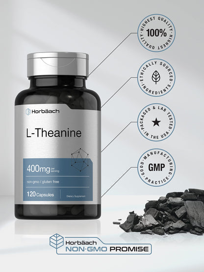 Horbäach L-Theanine Supplement | 400mg | 120 Powder Capsules | Non-GMO & Gluten Free